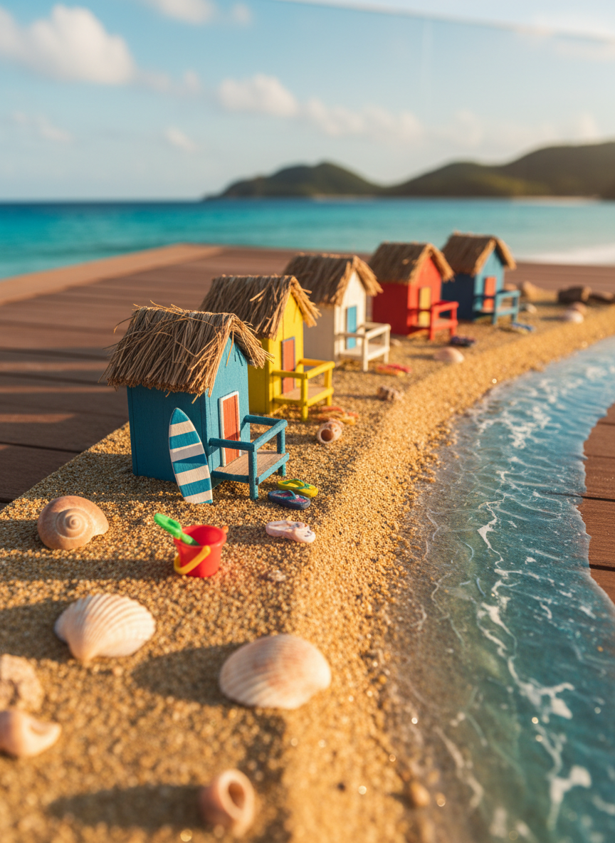 A wide, sunlit stretch of golden Brazilian beach is recreated as a meticulously arranged tabletop diorama, with fine sand, seashells, and small, colorful wooden beach huts lined up near the water’s edge. A miniature blue surfboard leans against a hut, while tiny flip-flops and a toy bucket add playful detail. Gentle late-afternoon light pours in from the left, giving the sand a warm glow and casting long, soft shadows. In photographic realism from a low-angle close-up, the horizon is formed by a blurred print of turquoise ocean and distant green hills, evoking a relaxed, family-holiday atmosphere without showing any people.