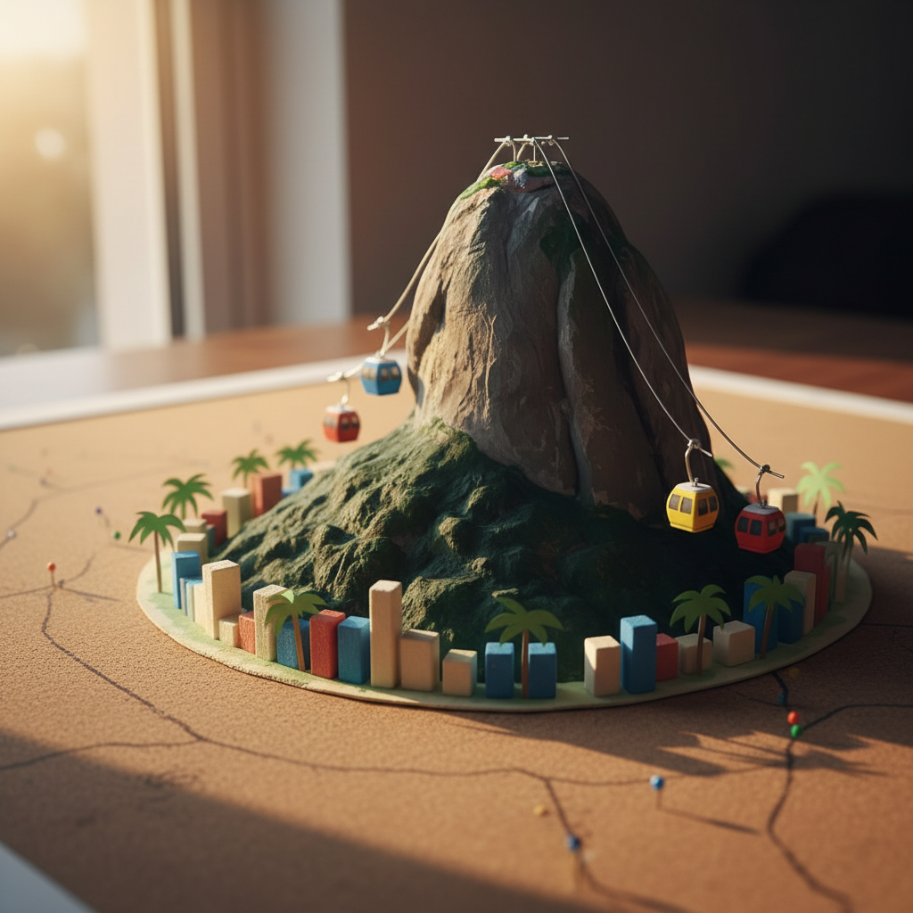 A detailed model of Rio de Janeiro’s iconic Sugarloaf Mountain rises from a textured corkboard map, its rocky surface painted in subtle grays and greens. At its base, miniature colorful cable cars made of folded paper hang from thin silver wires, frozen mid-ascent. Tiny foam buildings and paper-cut palm trees cluster along the imagined bay. Golden hour sunlight from a side window creates dramatic highlights on the model’s edges and soft shadows on the map, giving depth and dimension. Shot from a slightly low angle in photographic realism, with a shallow depth of field, the scene feels adventurous and playful, capturing the magic of a family’s first glimpse of Rio’s skyline.