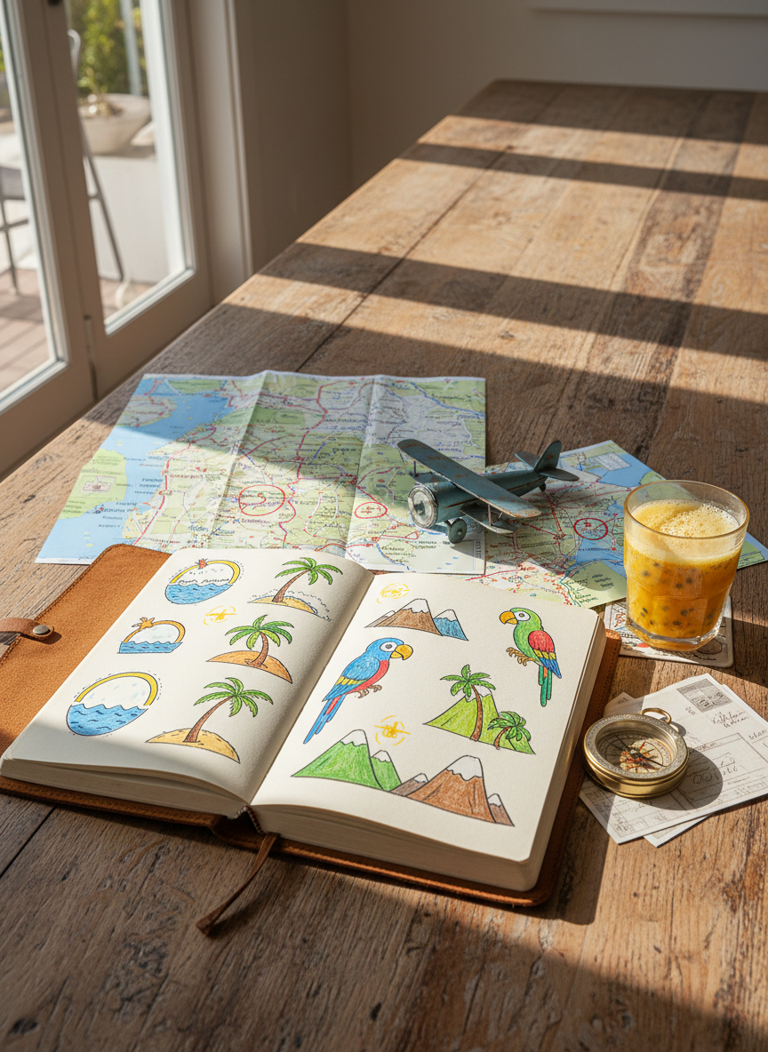 A long rustic wooden table is covered with an open travel journal, its thick cream pages filled with colorful hand-drawn icons of beaches, parrots, and sugarloaf-shaped mountains, all carefully detailed. Around it lie scattered printed maps of Brazil, a small toy airplane, and a weathered compass pointing north. Diffused afternoon light from a side window reflects softly off a clear glass of passion fruit juice, casting playful shadows across the paper. Photographic realism at eye level, with the composition following the rule of thirds, creates a calm yet excited mood, as if the family’s six-week Brazilian itinerary is being lovingly pieced together right in this moment.