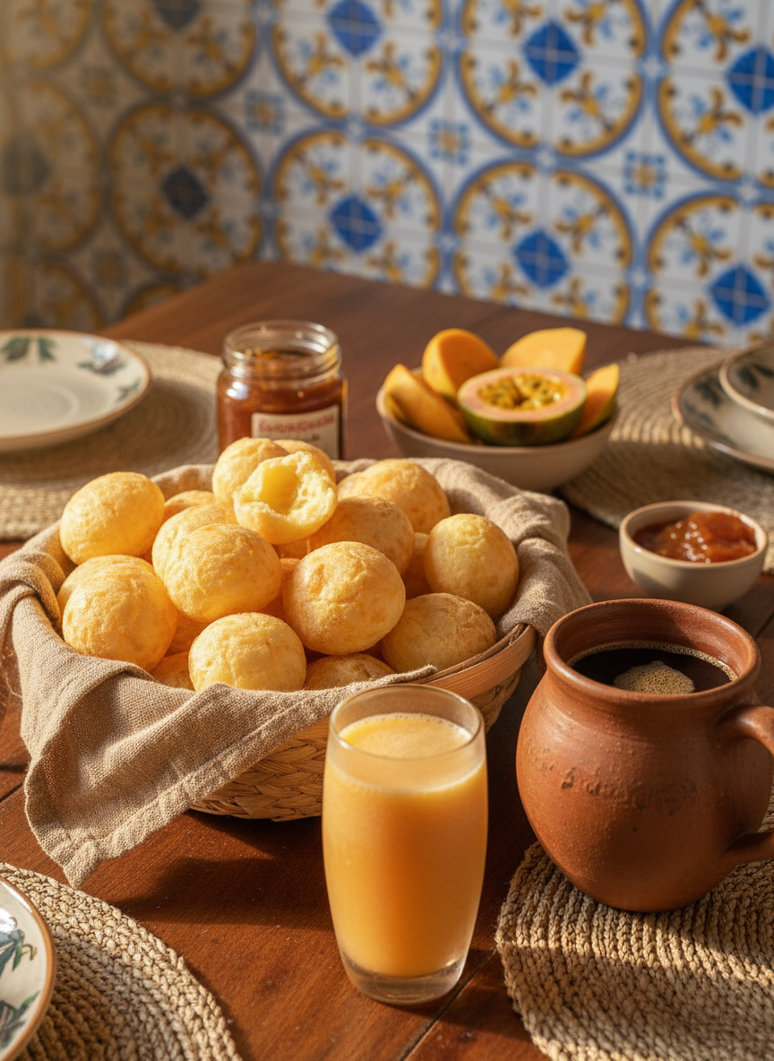 A richly textured Brazilian breakfast spread is arranged on a simple wooden table: a woven basket overflowing with small round pão de queijo, their crusts lightly cracked and golden; a clay mug filled with dark coffee; a tall glass of freshly blended papaya juice glowing orange in the light. In the background, a blurred tiled kitchen wall in bright blues and yellows hints at a cozy pousada. Soft morning sunlight filters through an unseen window, creating gentle reflections on the juice and subtle shadows beneath the basket. Photographic realism at a slightly elevated angle emphasizes the inviting, homey mood of a family discovering local flavors together.
